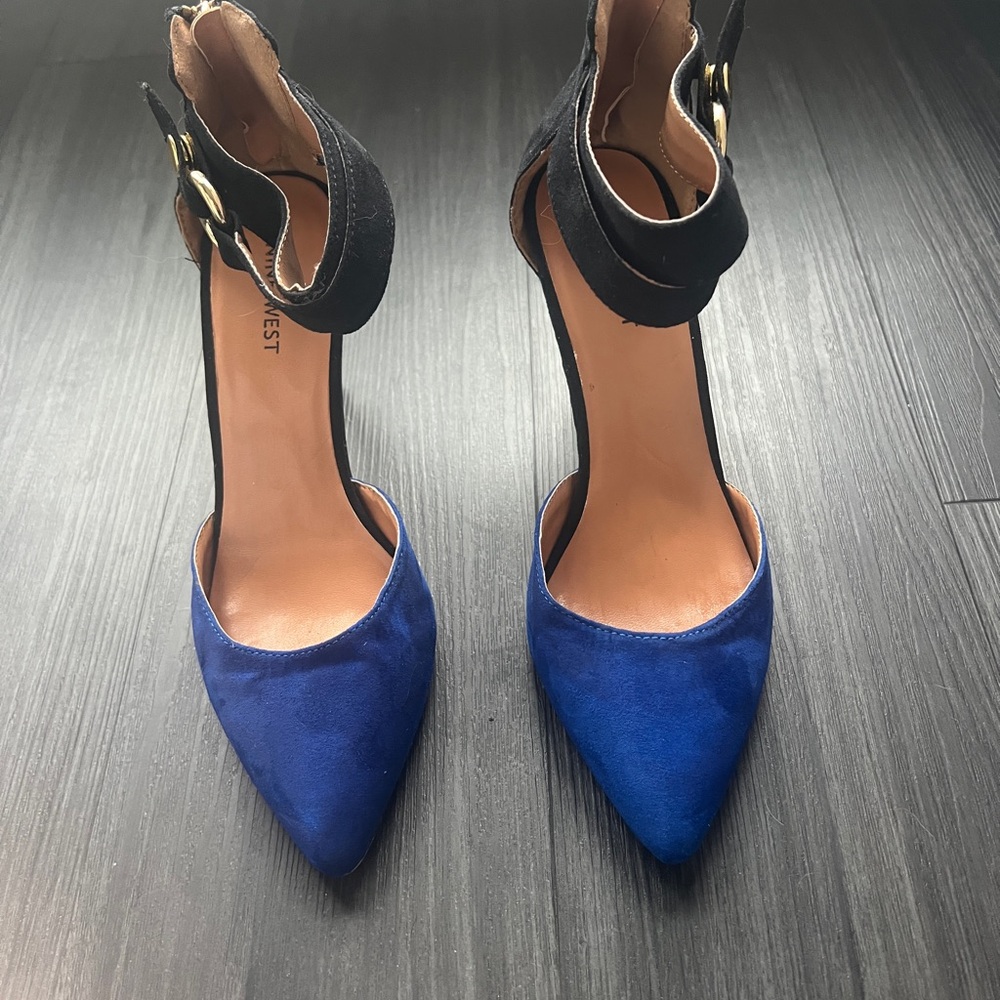 Nine West pointy toe ankle strap suede heels